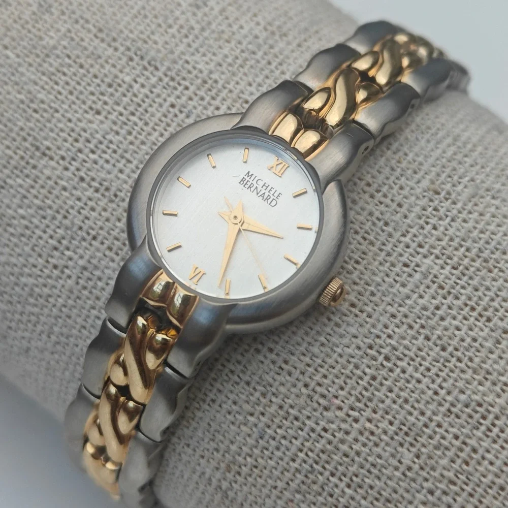 Michele Bernard Two Tone Women Watch Silver Gold Braided Link Case Fold Over